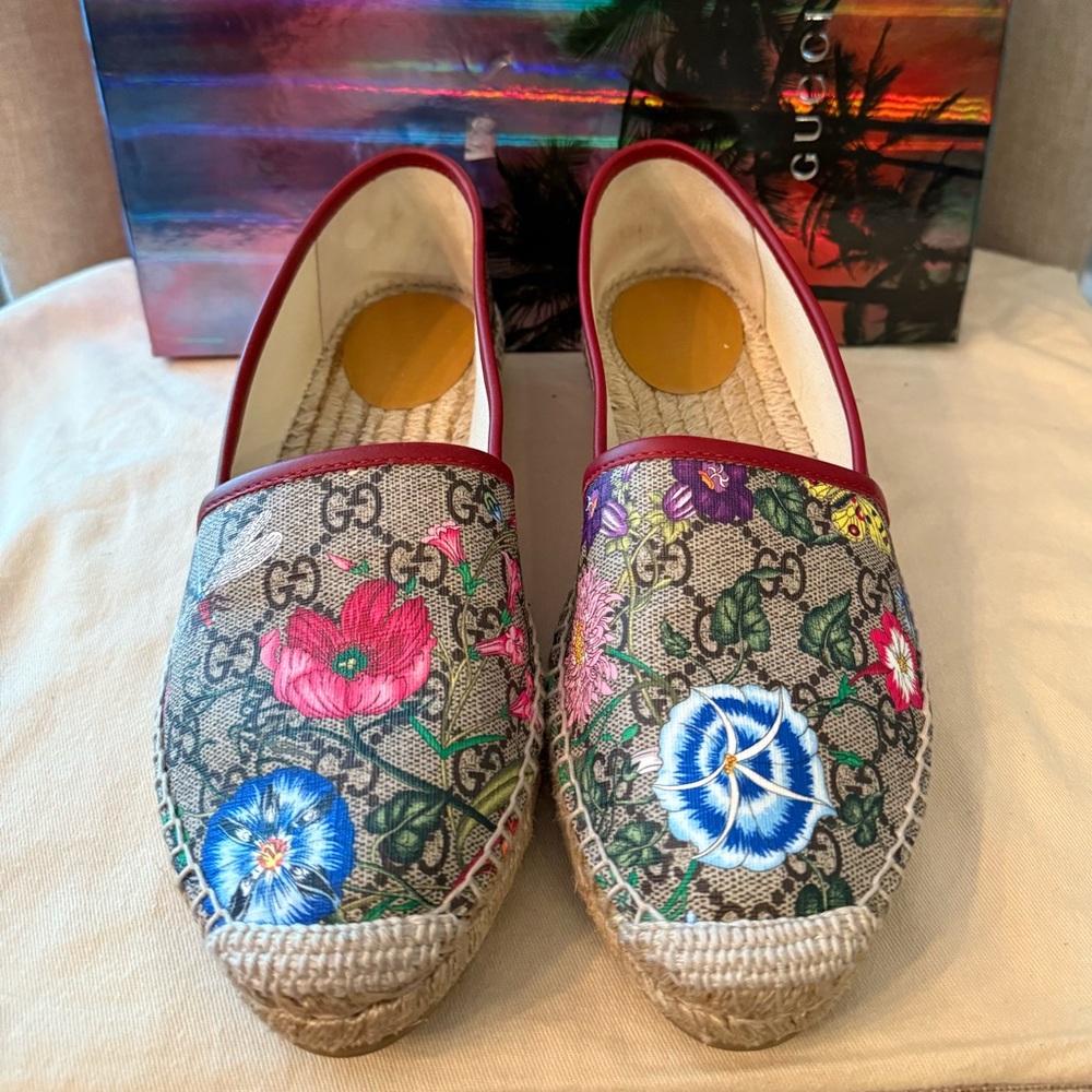 GG Supreme Monogram Tian Women’s Espadrilles 39.5 Beige Multicolor Red